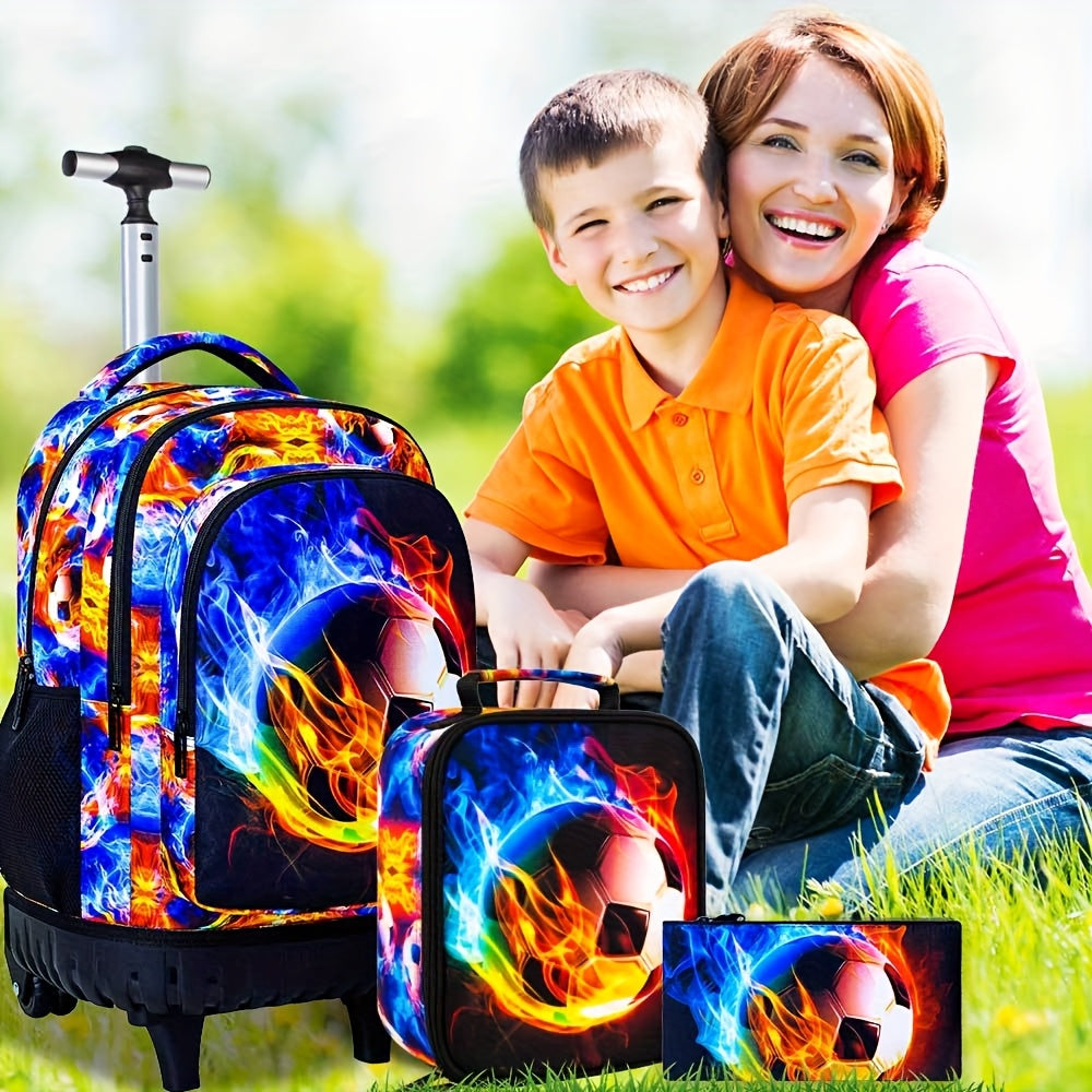 3pcs Lightning Soccer Rolling Backpack Set for Boys with Lunch Box and Pencil Case - CCJPX