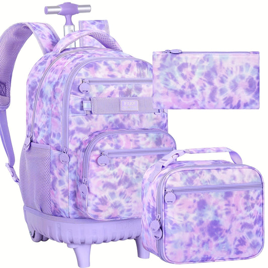 UFNDC Rolling Backpack for Girls & Women - Stylish Purple Tie-Dye Wheeled Bookbag with Lunch Bag