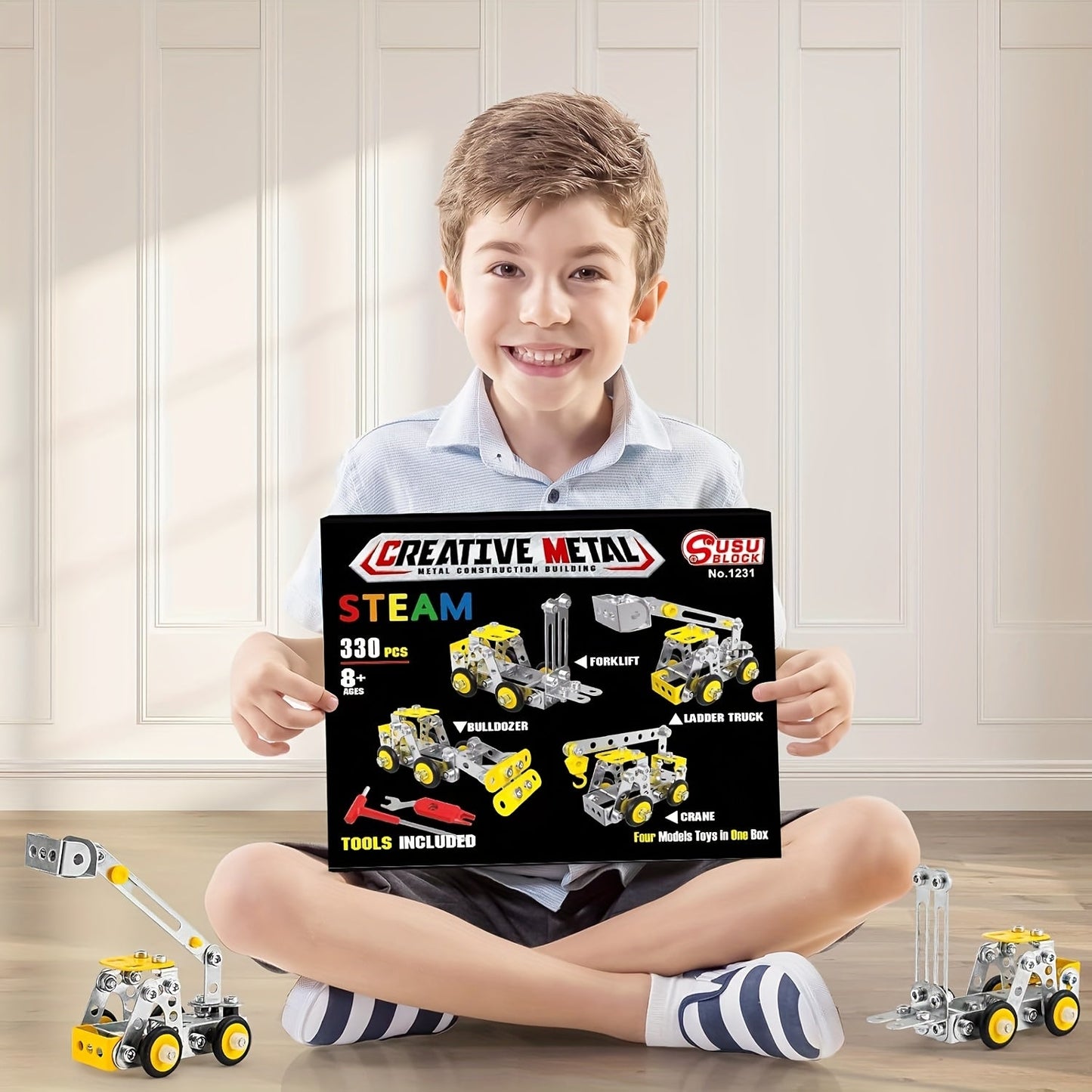 STEM Building Toys - 330pcs Erector Set for Kids, 4-in-1 Metal Engineering Vehicles Kit