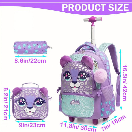 3pcs Rolling Backpack for Girls - School Bag with Wheels & Lunch Bag - Student Luggage & Bookbag Set