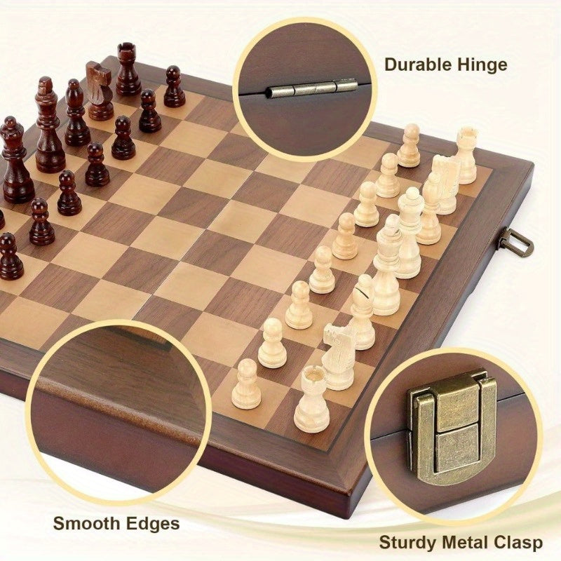 Portable Magnetic Wooden Chess Set - 15 Inch Foldable Board