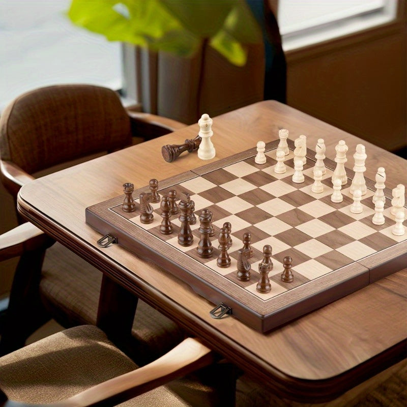 Portable Magnetic Wooden Chess Set - 15 Inch Foldable Board