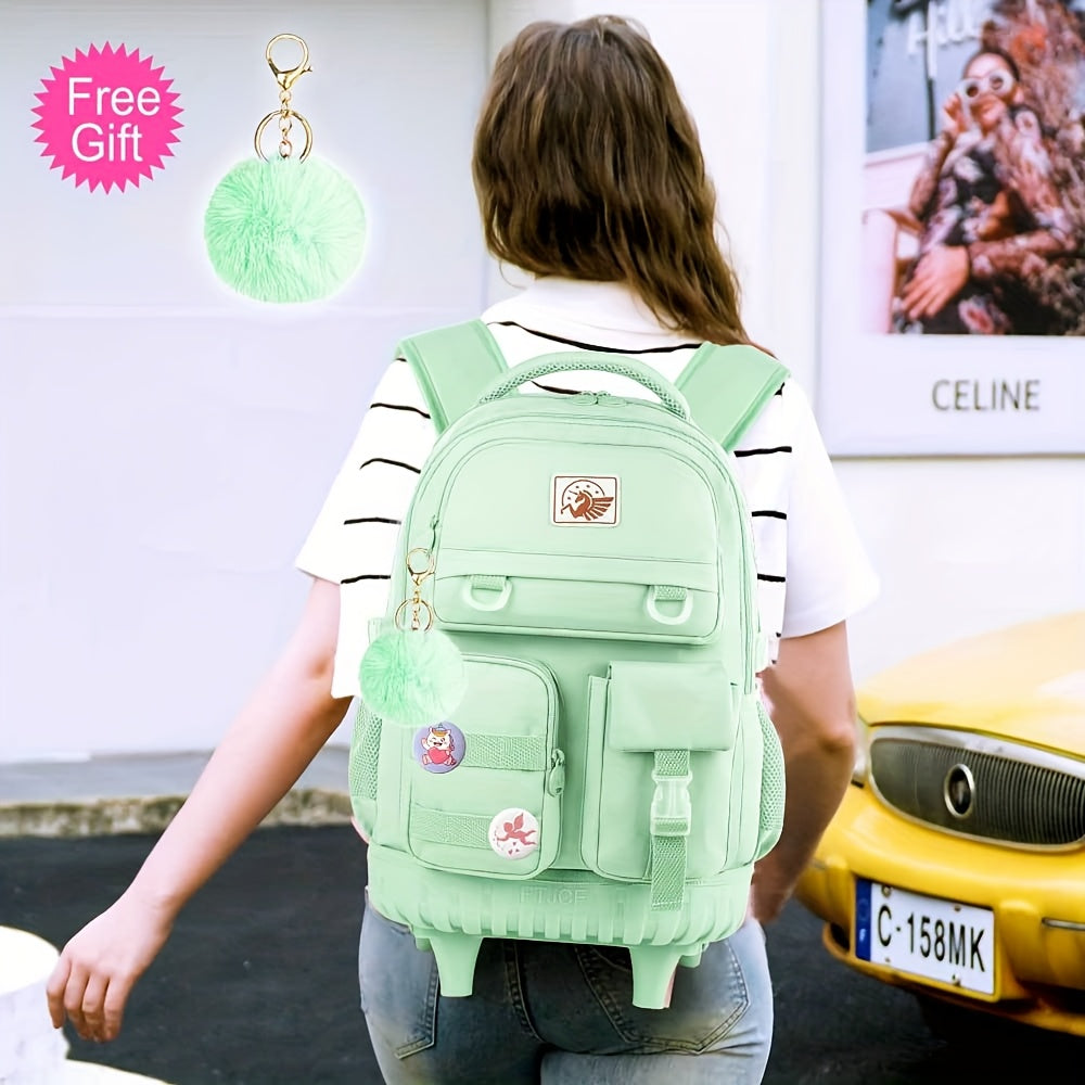 1pc Random Color Pom-Poms Rolling Backpack with Adjustable Strap and Telescopic Handle
