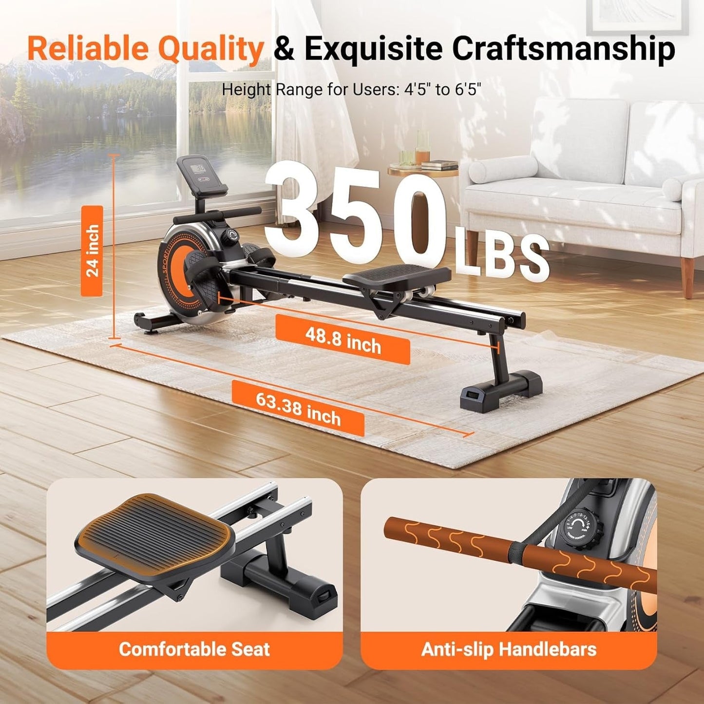 Premium Rowing Machine for Home - 16-Level Magnetic Resistance, Dual Slide Rail, 350 lbs Capacity