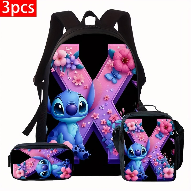 Lilo & Stitch Alphabet Backpack Set - Purple Floral Theme | A-Z Letters | Fashionable & Functional for Travel & Daily Use