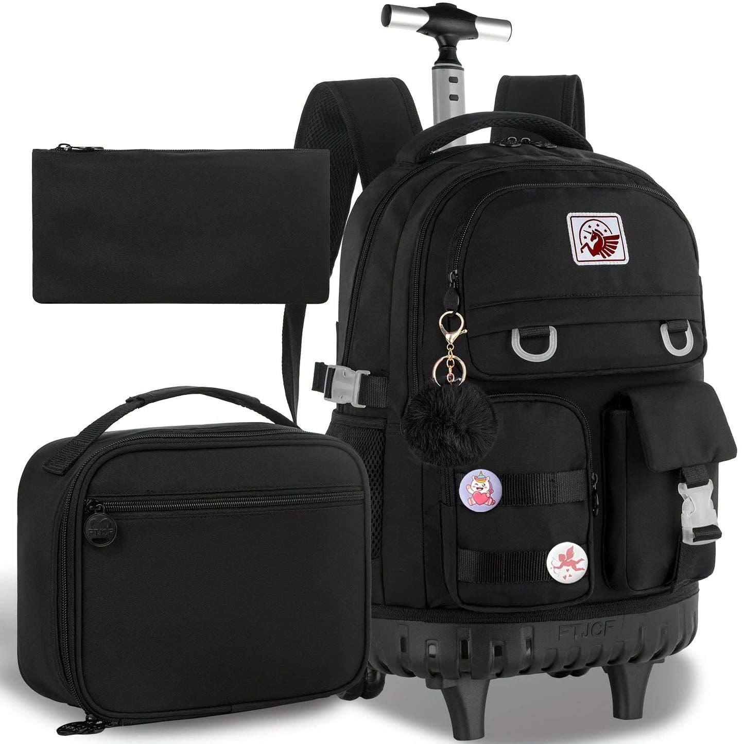 1pc Random Color Pom-Poms Rolling Backpack with Adjustable Strap and Telescopic Handle