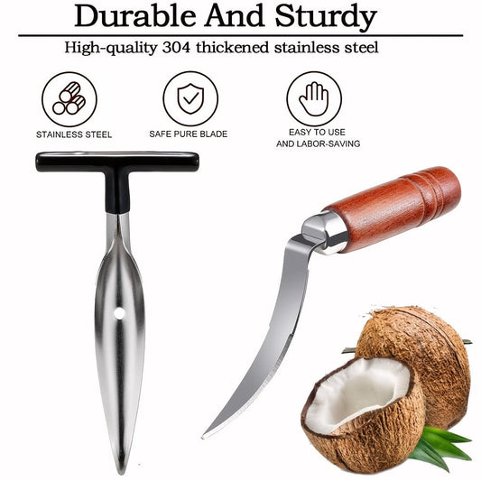 Coconut Opener Tool Set - Stainless Steel Coconut Scraper & Punch with Wooden Handle