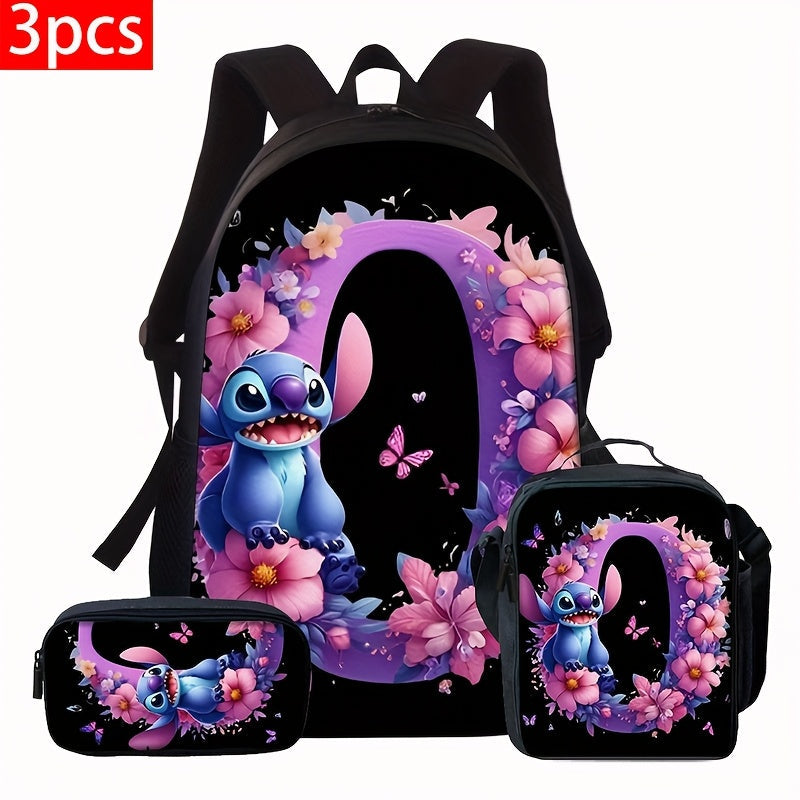 Lilo & Stitch Alphabet Backpack Set - Purple Floral Theme | A-Z Letters | Fashionable & Functional for Travel & Daily Use