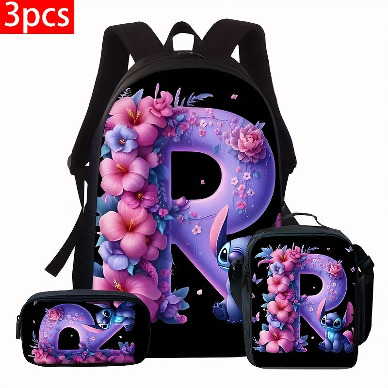 Lilo & Stitch Alphabet Backpack Set - Purple Floral Theme | A-Z Letters | Fashionable & Functional for Travel & Daily Use