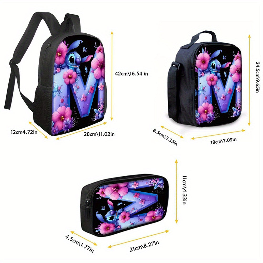 Lilo & Stitch Alphabet Backpack Set - Purple Floral Theme | A-Z Letters | Fashionable & Functional for Travel & Daily Use