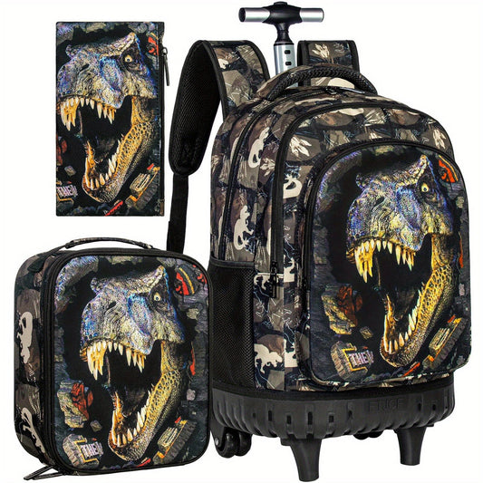 3pcs CCJPX Men's Dinosaur Backpack with Wheels - Large Capacity, Lightweight Travel Roller Bookbag for Commuting & Travel