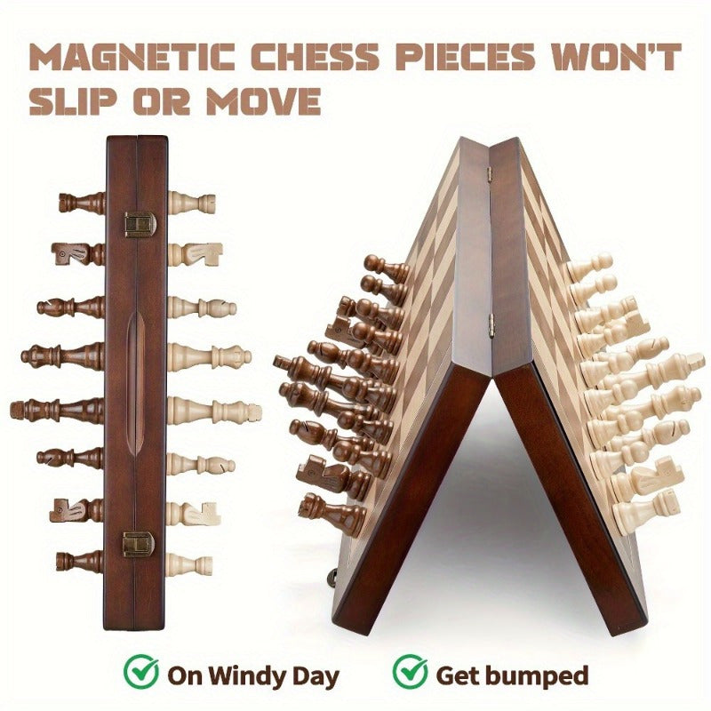 Portable Magnetic Wooden Chess Set - 15 Inch Foldable Board