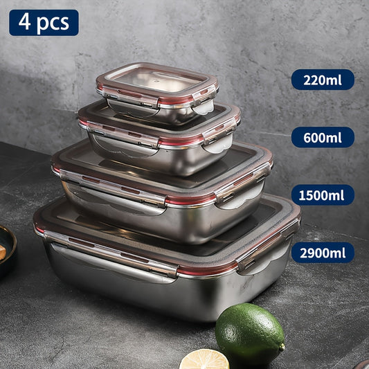 4pcs Set 304 Stainless Steel Fresh-Keeping Box - Leak-Proof & Portable