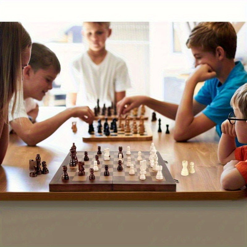 Portable Magnetic Wooden Chess Set - 15 Inch Foldable Board