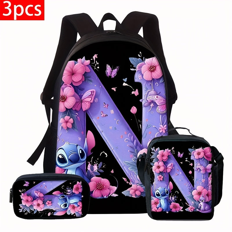 Lilo & Stitch Alphabet Backpack Set - Purple Floral Theme | A-Z Letters | Fashionable & Functional for Travel & Daily Use