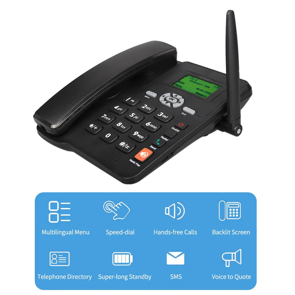 Cordless Phone with Dual SIM 2G, GSM Support, Antenna, Radio, Alarm