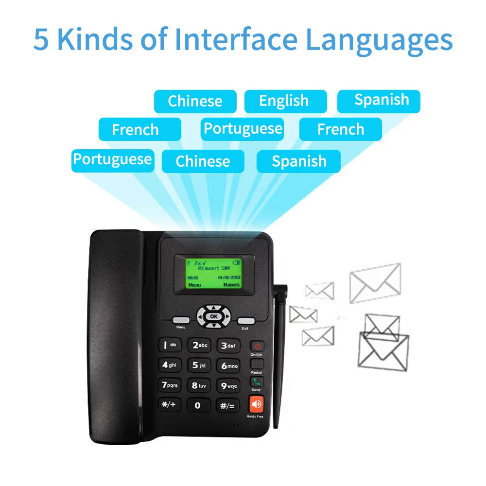 Cordless Phone with Dual SIM 2G, GSM Support, Antenna, Radio, Alarm