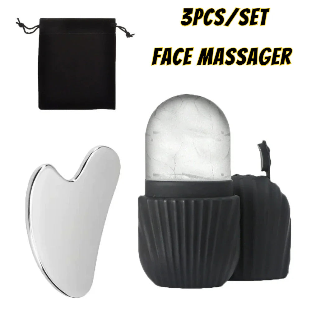 Ice Face Roller & Gua Sha Board Set - Facial Massage & Lifting Tools