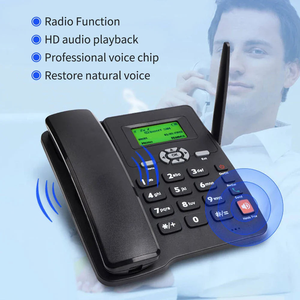 Cordless Phone with Dual SIM 2G, GSM Support, Antenna, Radio, Alarm