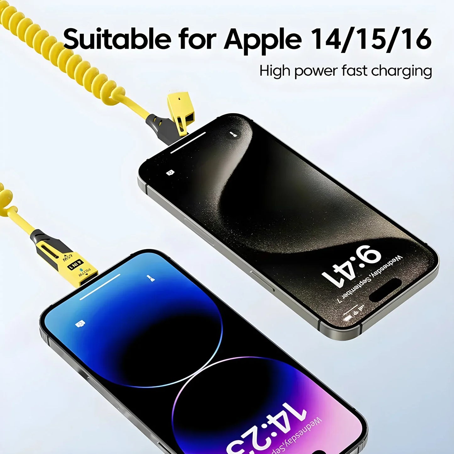 65W 4 in 1 Spring Telescopic USB-C Quick Charger Cable for iPhone, iPad, MacBook