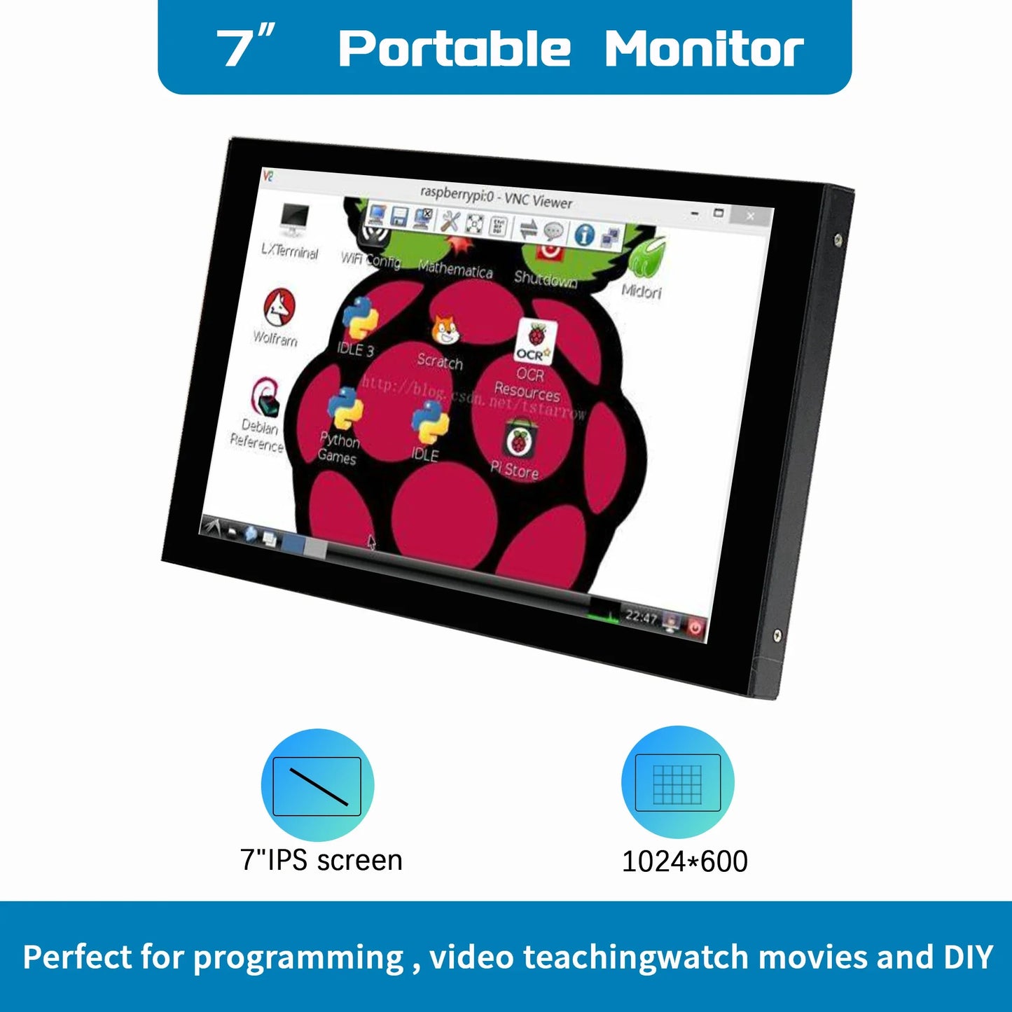 Raspberry Pi 7 Inch IPS Screen - 1024x600 HD HDMI Portable Monitor