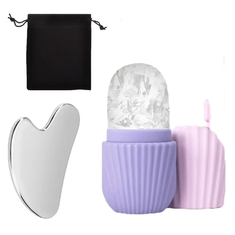 Ice Face Roller & Gua Sha Board Set - Facial Massage & Lifting Tools