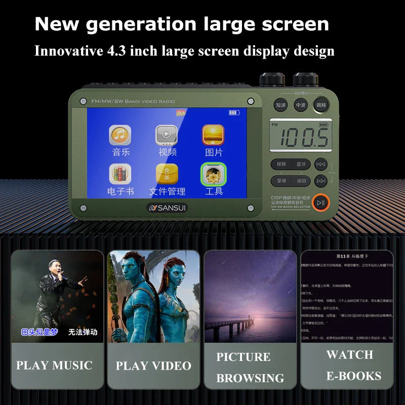 SANSUI F50 Portable Bluetooth Speaker with FM/MW/SW Radio and HD Video Player