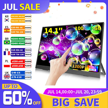 14.1 Inch Touch Screen Portable Gaming Monitor 100% sRGB, 400cd/m², HDR10