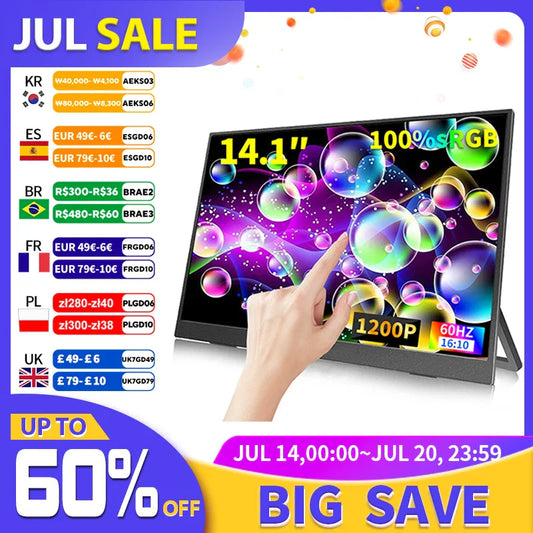 14.1 Inch Touch Screen Portable Gaming Monitor 100% sRGB, 400cd/m², HDR10