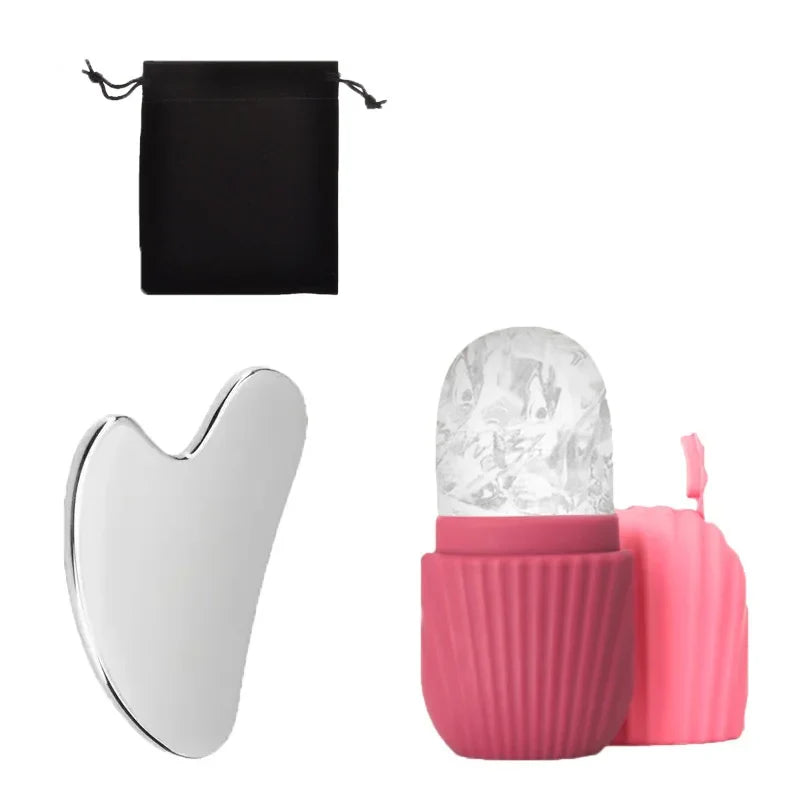 Ice Face Roller & Gua Sha Board Set - Facial Massage & Lifting Tools