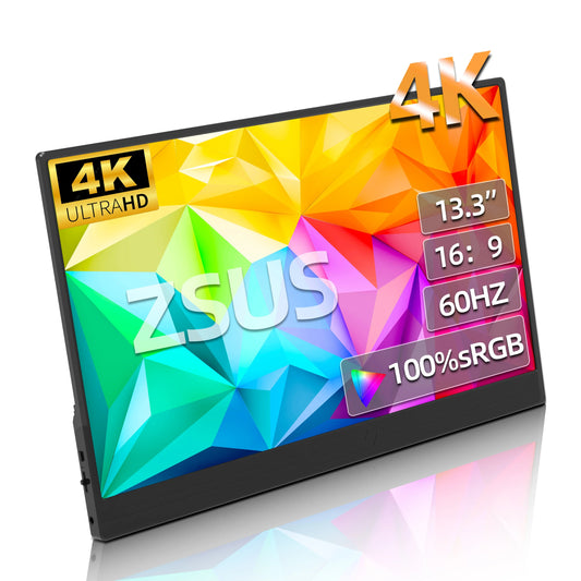 ZSUS 13-inch 4K Portable Monitor - 3840x2160 UHD Display, 60Hz Refresh Rate, HDR10, Built-in Speakers, Mini HDMI & Type-C, Compatible with Laptop/PC/Console