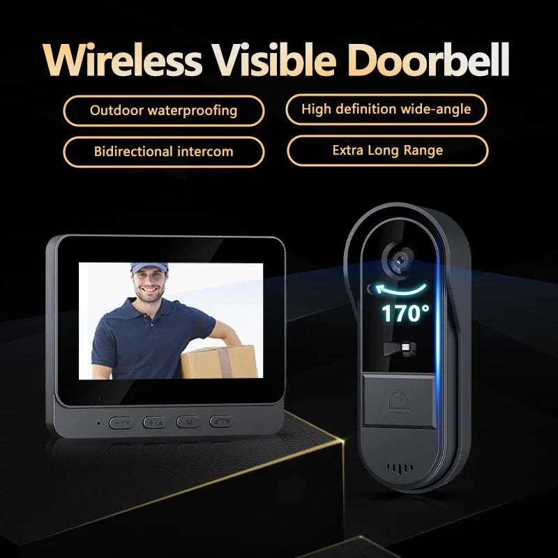 Wireless Intercom Doorbell - HD Night Vision, Waterproof 4.3" IPS Screen, Smart Home Security