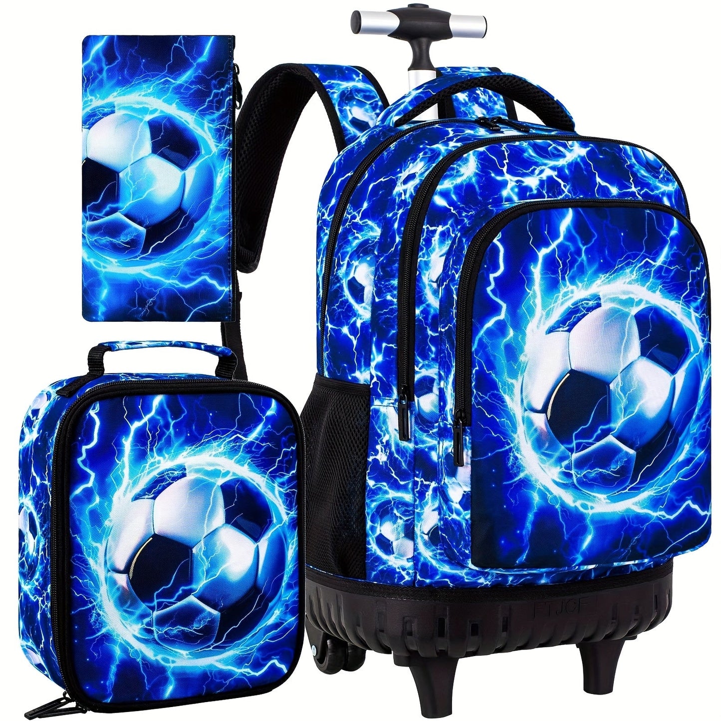 3pcs Lightning Soccer Rolling Backpack Set for Boys with Lunch Box and Pencil Case - CCJPX