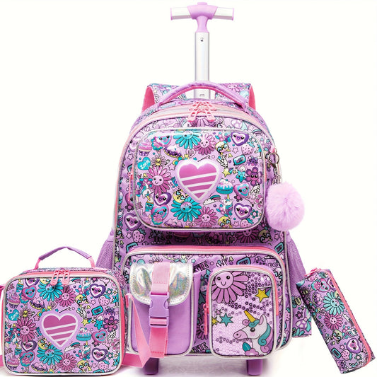 16.5" Kids Rolling Backpack Set - Wheeled Suitcase with Lunch Bag & Pencil Case for Ages 3+
