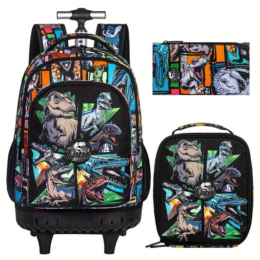 3pcs Rolling Backpack for Boys with Wheels - Black Dinosaur Design