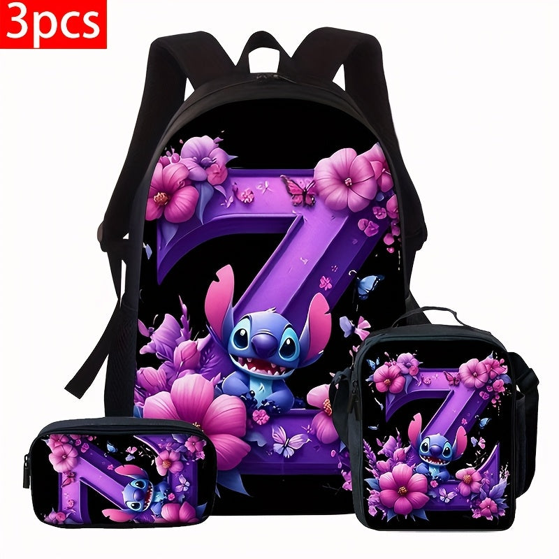 Lilo & Stitch Alphabet Backpack Set - Purple Floral Theme | A-Z Letters | Fashionable & Functional for Travel & Daily Use