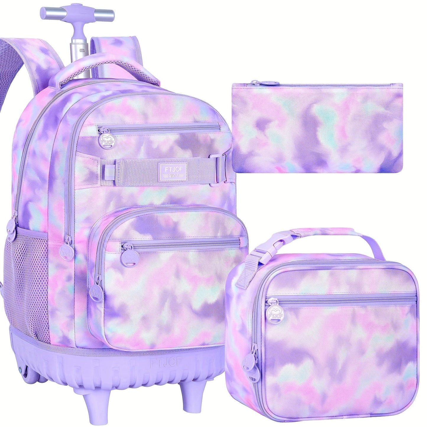 UFNDC Rolling Backpack for Girls & Women - Stylish Purple Tie-Dye Wheeled Bookbag with Lunch Bag