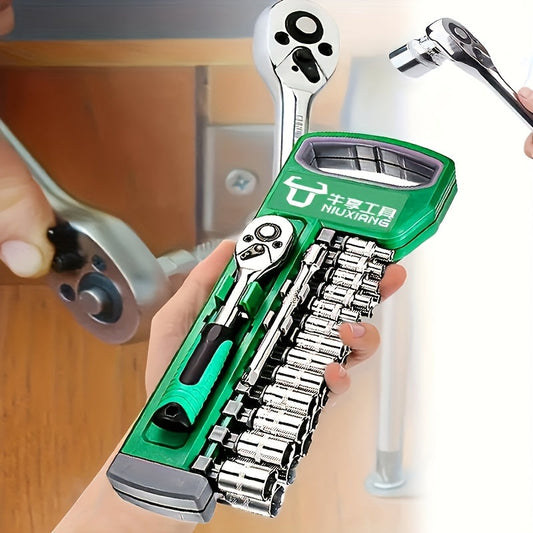 15pcs Compact Ratchet Wrench Set - 1/4" Drive Cr-V Steel Socket Kit with Non-Slip Grip for Motorcycle Maintenance, Auto Repair & Industrial Use