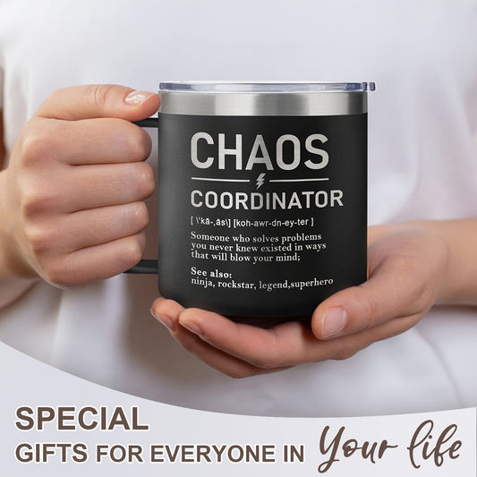 Chaos Coordinator 14oz Black Stainless Steel Tumbler Mug with Lid – Perfect Gift for Boss, Manager, Nurse