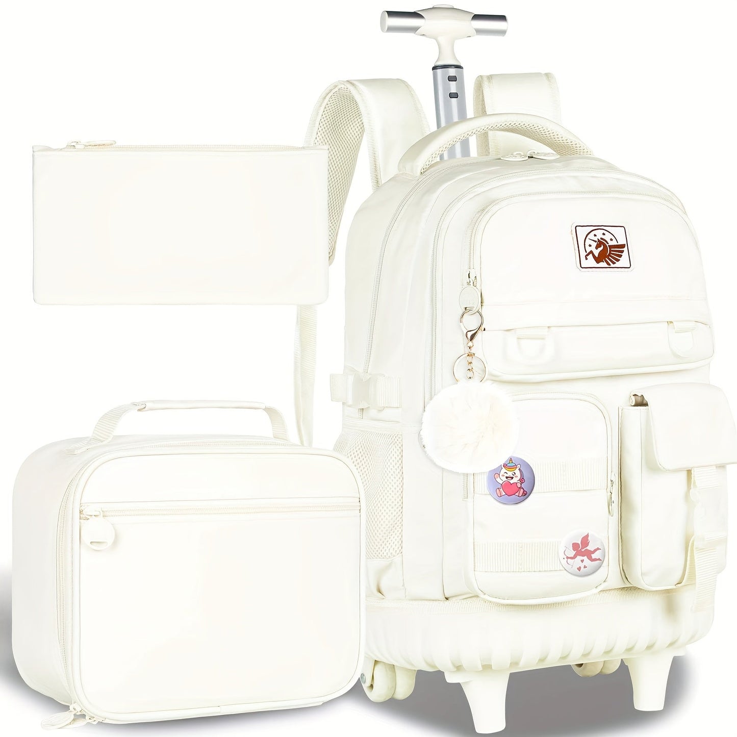1pc Random Color Pom-Poms Rolling Backpack with Adjustable Strap and Telescopic Handle