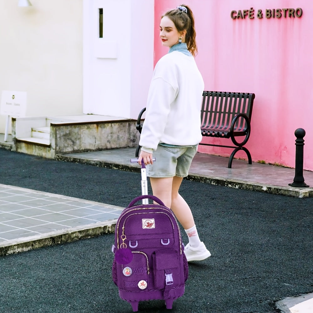 1pc Random Color Pom-Poms Rolling Backpack with Adjustable Strap and Telescopic Handle