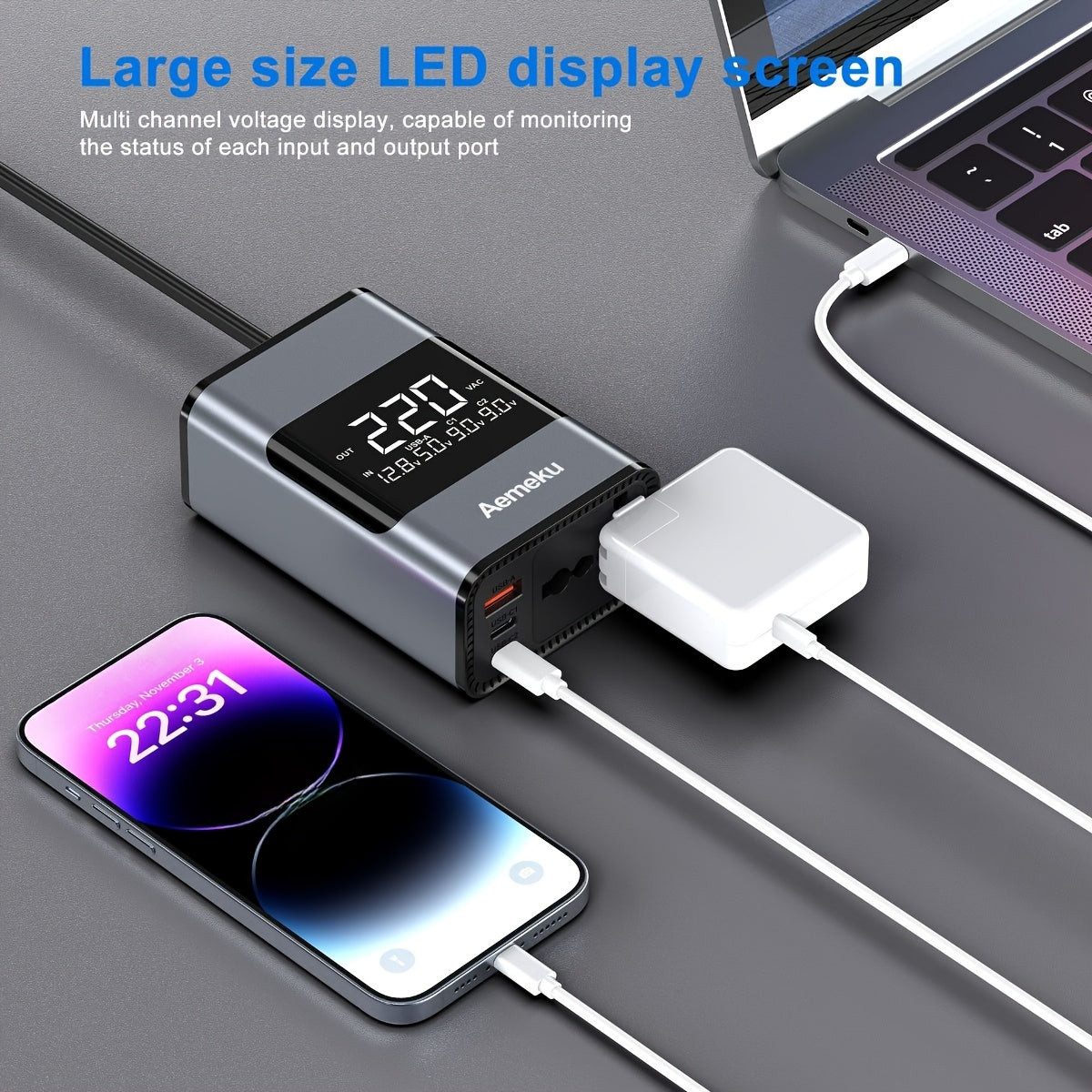 Aemeku 200W Mini Car Inverter - 12V/24V to 220V, Universal Socket, PD & USB Ports