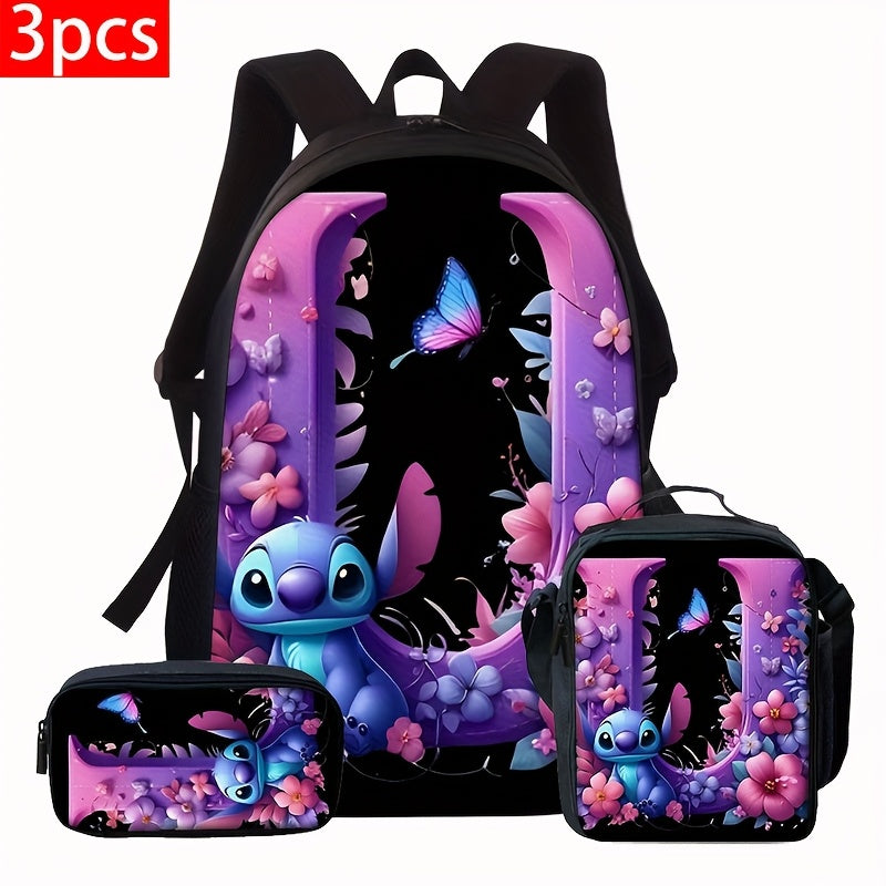 Lilo & Stitch Alphabet Backpack Set - Purple Floral Theme | A-Z Letters | Fashionable & Functional for Travel & Daily Use