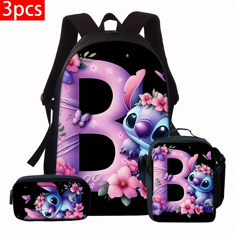 Lilo & Stitch Alphabet Backpack Set - Purple Floral Theme | A-Z Letters | Fashionable & Functional for Travel & Daily Use