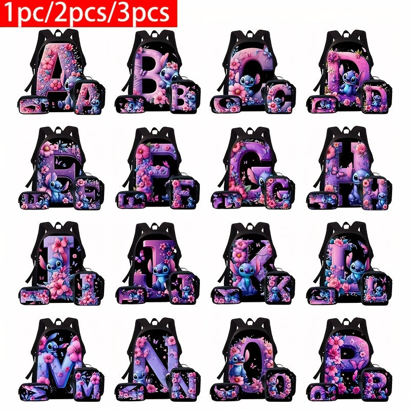Lilo & Stitch Alphabet Backpack Set - Purple Floral Theme | A-Z Letters | Fashionable & Functional for Travel & Daily Use