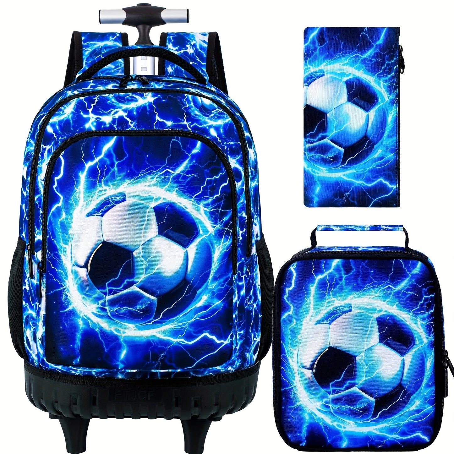 3pcs Rolling Backpack for Boys - 53.34 cm Football Roller School Bag with Lunch Bag