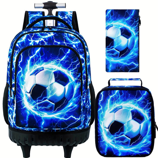 3pcs Rolling Backpack for Boys - 53.34 cm Football Roller School Bag with Lunch Bag