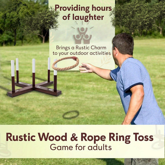 Rustic Wood & Rope Ring Toss Game - Perfect for Adults & Family Gatherings