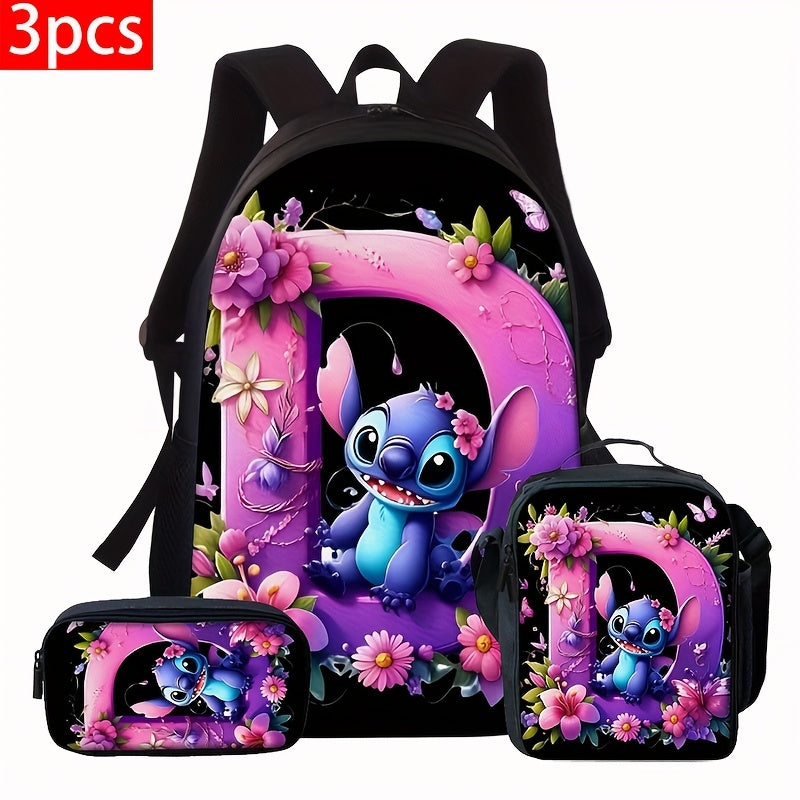 Lilo & Stitch Alphabet Backpack Set - Purple Floral Theme | A-Z Letters | Fashionable & Functional for Travel & Daily Use