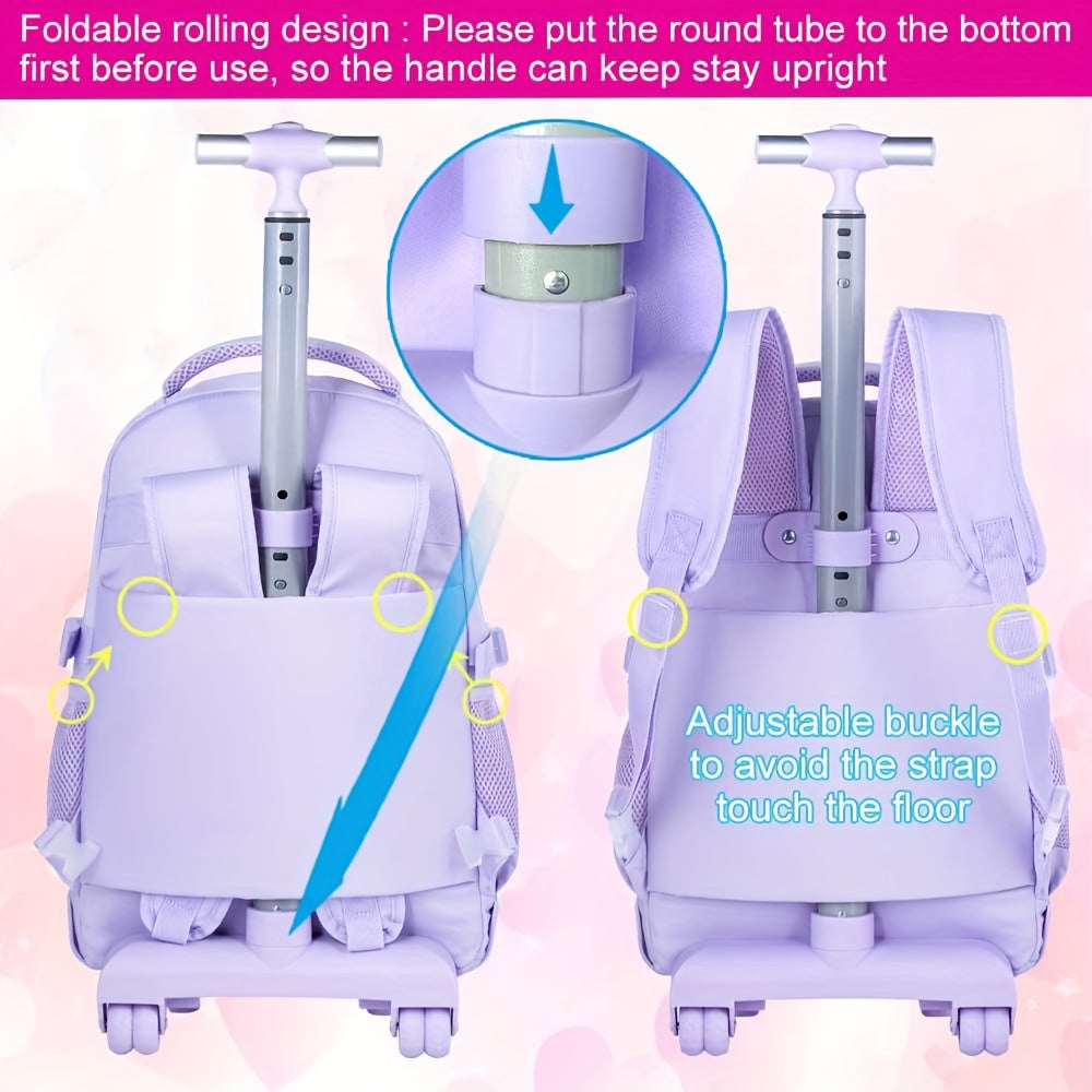 1pc Random Color Pom-Poms Rolling Backpack with Adjustable Strap and Telescopic Handle